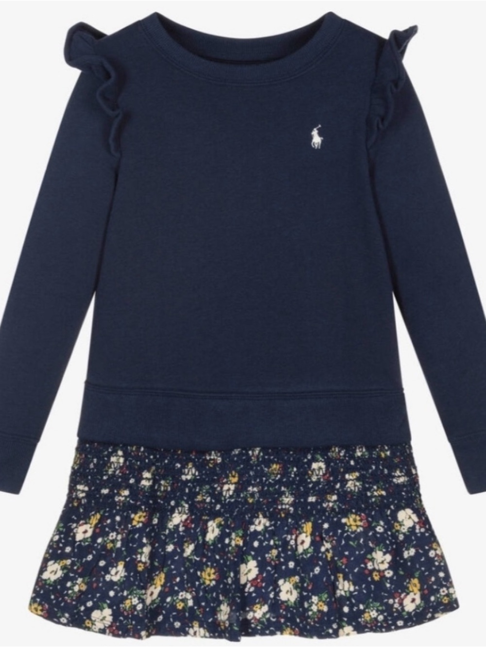 Polo by Ralph Lauren Navy Ruffle Sleeve Sweatshirt with Floral Hem